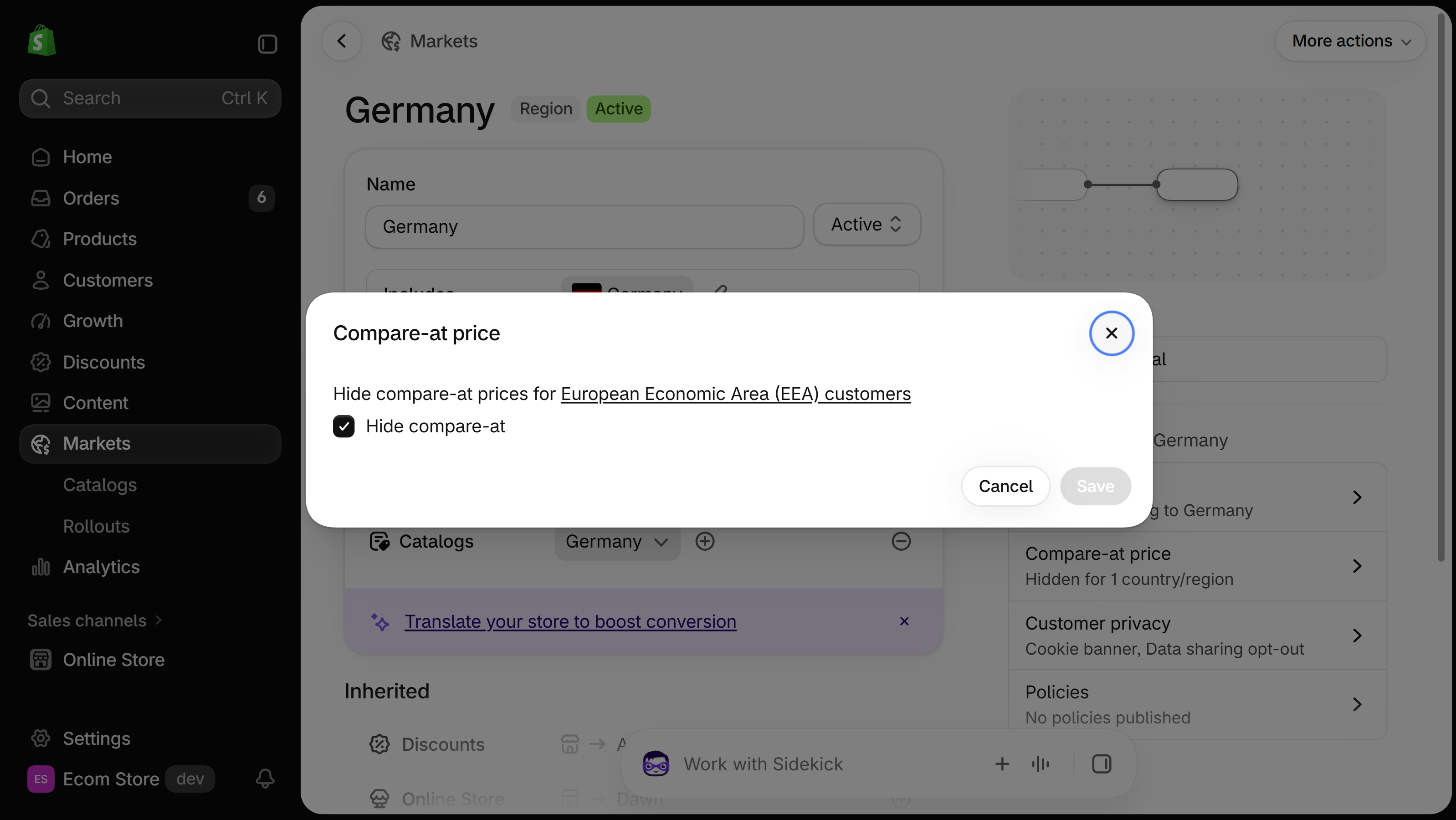 Compare-at price dialog for a market in the Shopify admin with the Hide compare-at checkbox for European Economic Area customers ticked