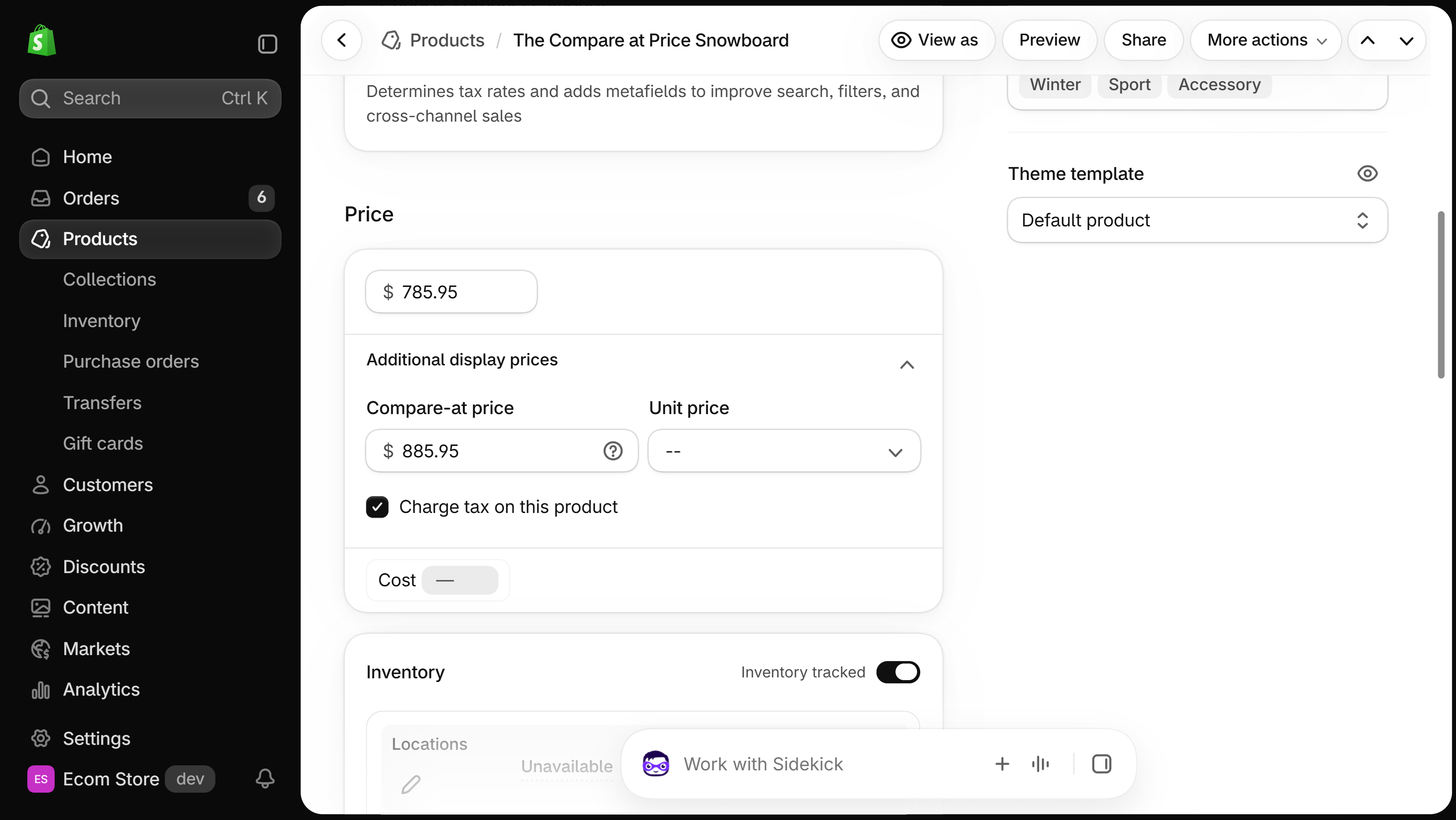 Product details page in the Shopify admin: the Price card with the Price field and, under Additional display prices, the Compare-at price field