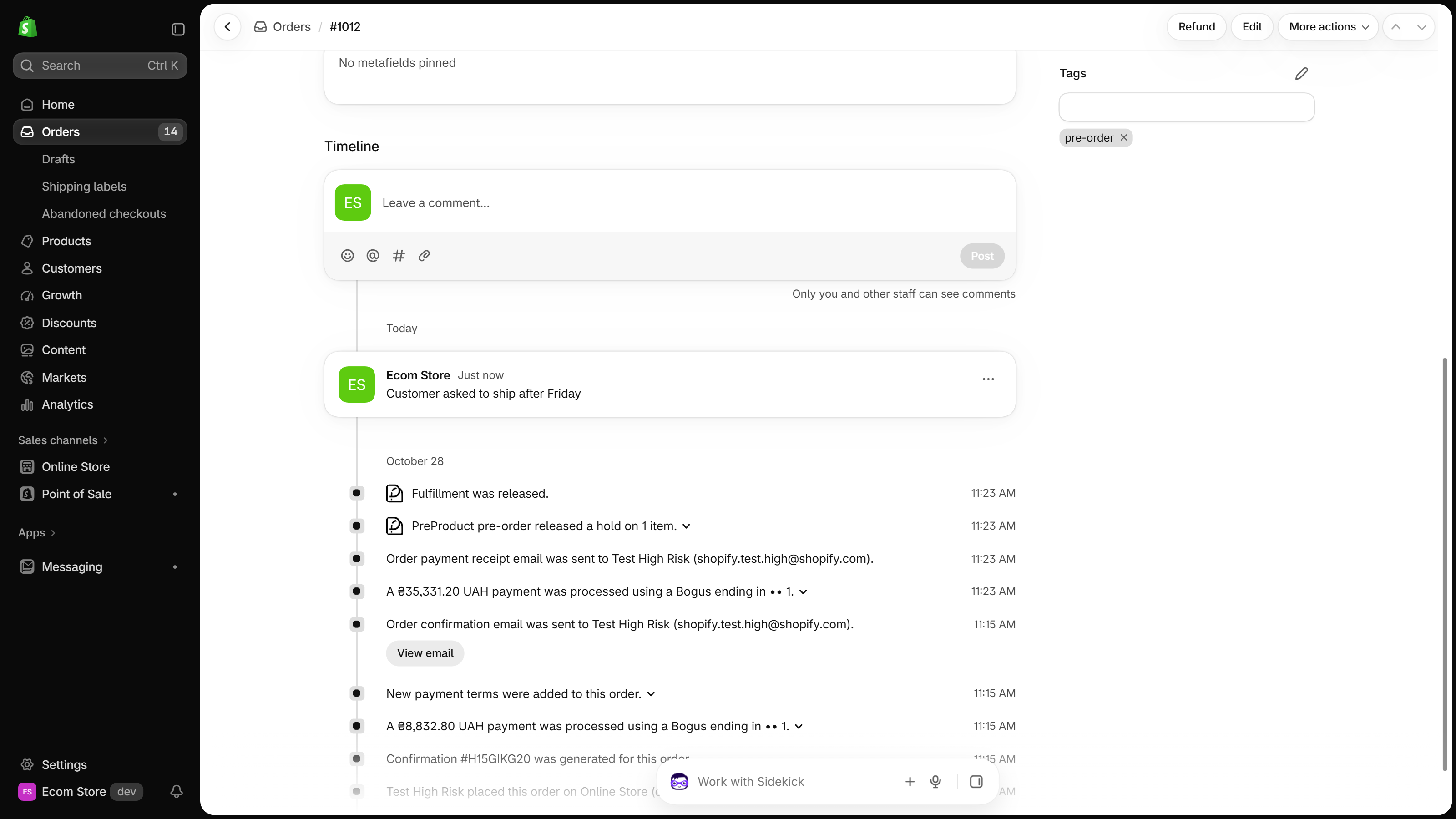 Order #1012 page with the Timeline section showing the comment box, a staff comment and system events