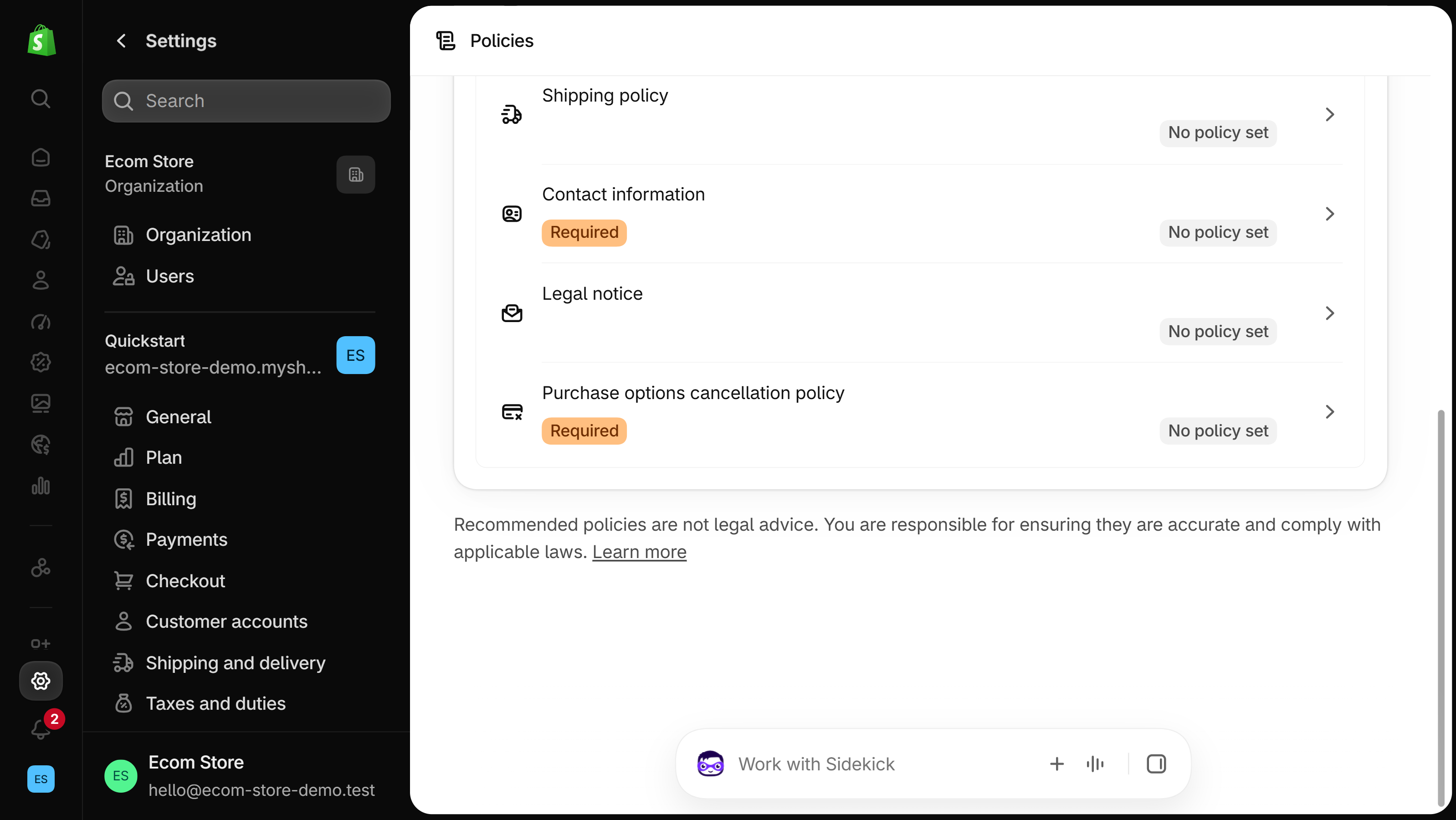 Settings > Policies, bottom of the Written policies list: Shipping policy, Contact information marked Required, Legal notice, and Purchase options cancellation policy marked Required, each showing No policy set.