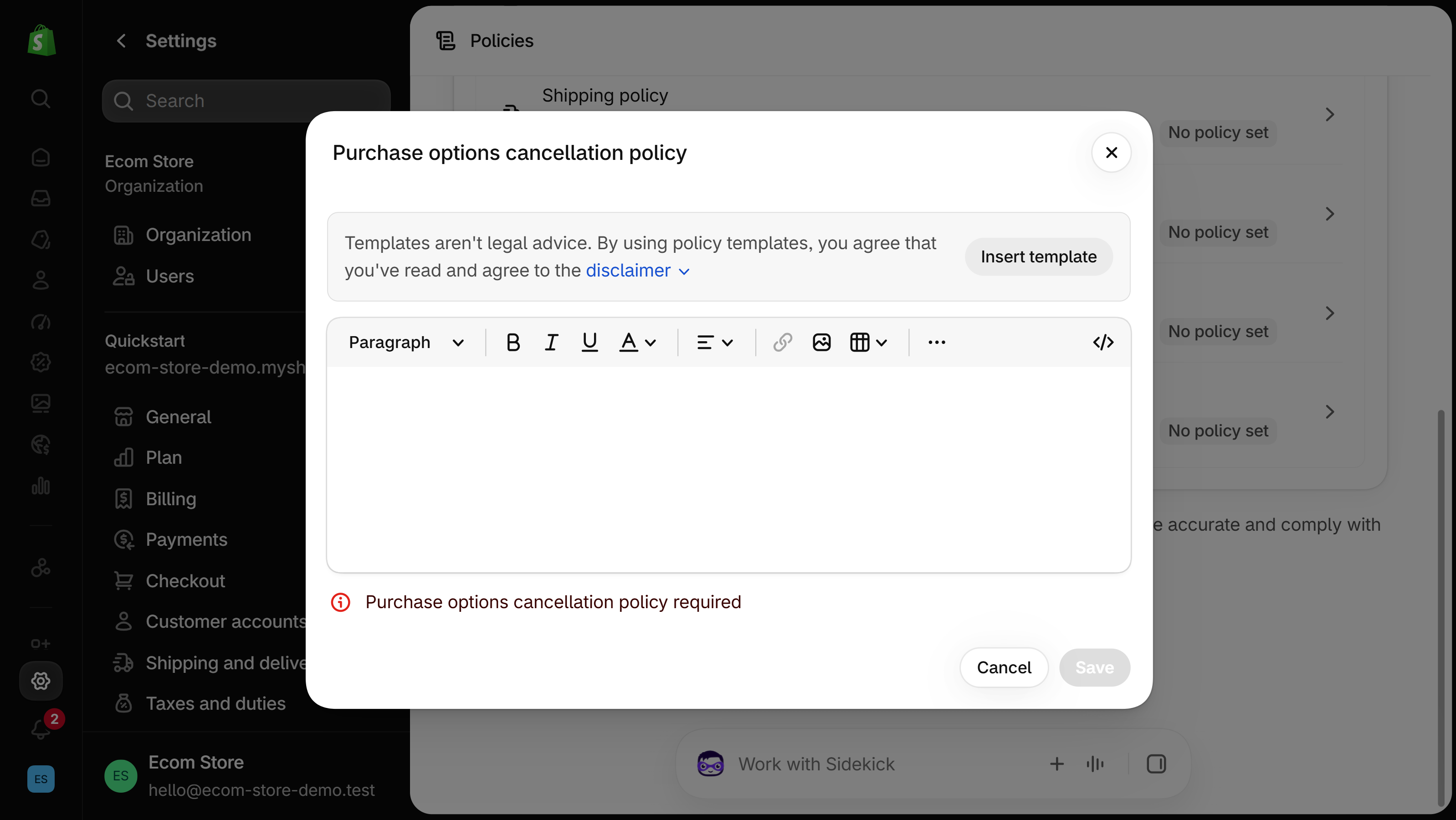 Purchase options cancellation policy dialog: a banner saying templates aren't legal advice with an Insert template button, an empty text editor, a required-field error, and Cancel and Save buttons.