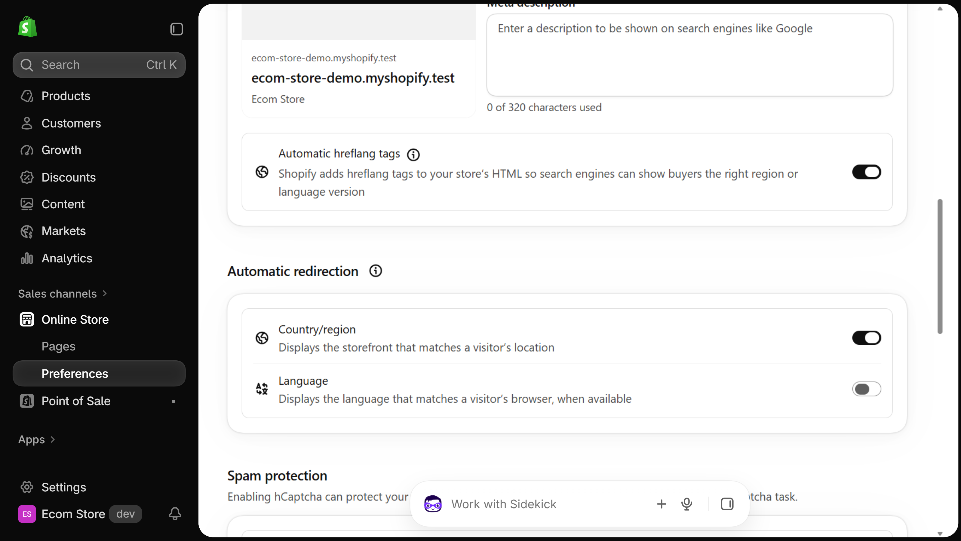 Online Store Preferences scrolled to the Automatic redirection section, with a Country/region toggle that is on and a Language toggle that is off, below Automatic hreflang tags.