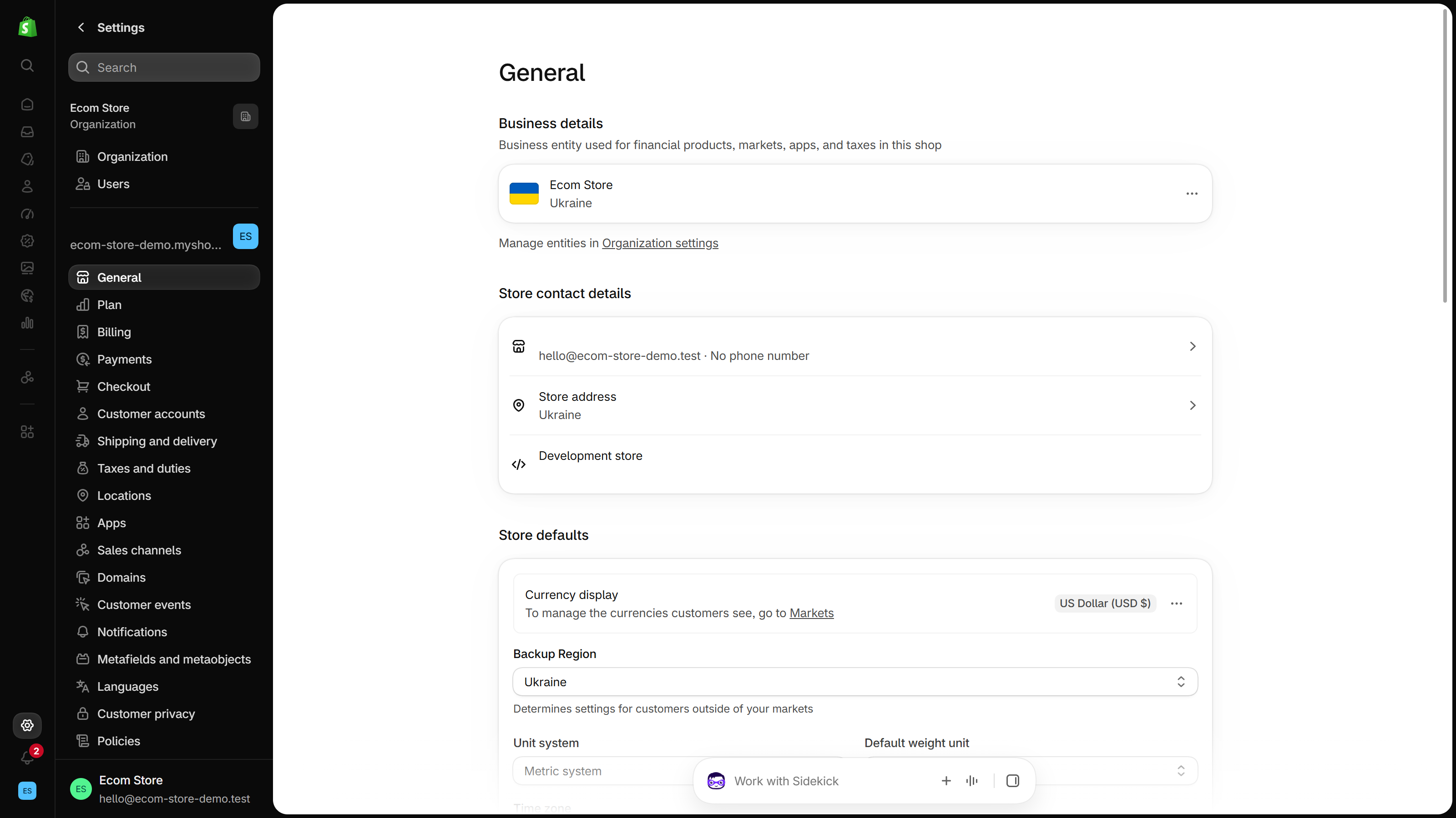 Shopify admin Settings, General page: a Business details card with the business entity and its country, and below it a Store contact details card with a Store address row.