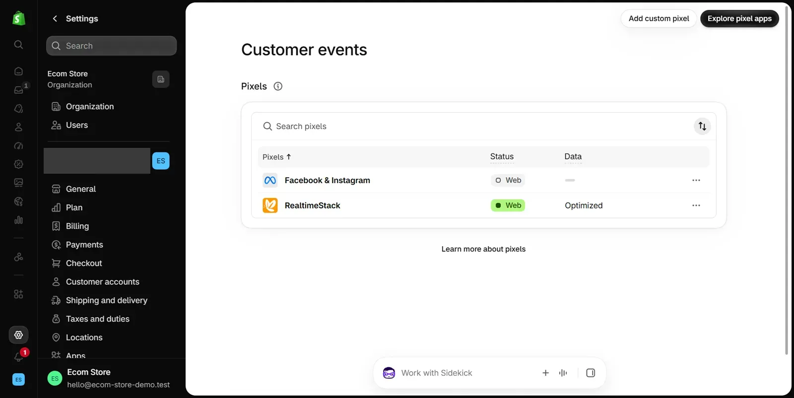 Settings > Customer events: one Pixels list with Facebook & Instagram and RealtimeStack, plus Add custom pixel.