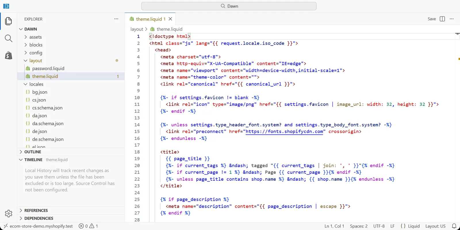 Theme code editor with layout/theme.liquid open and the layout folder expanded.