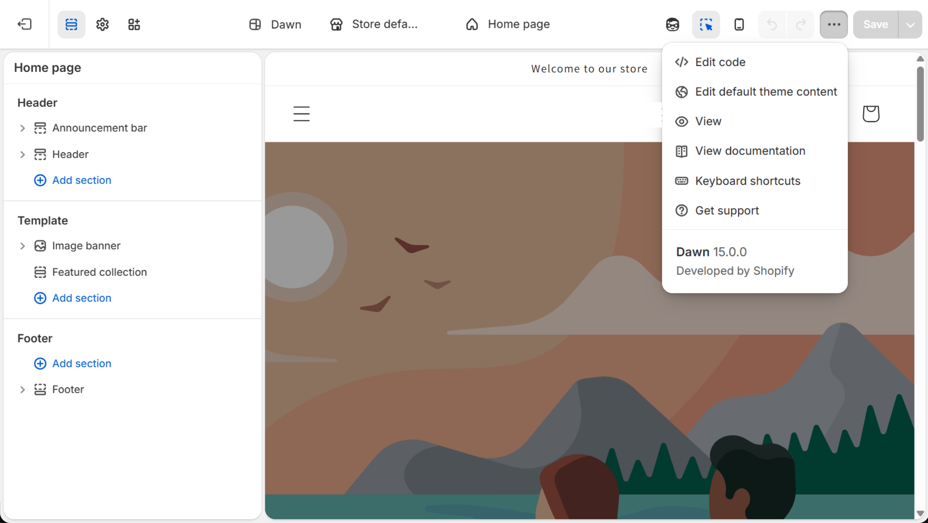Theme editor with the ⋯ menu open, listing View documentation and Get support above the theme name and version