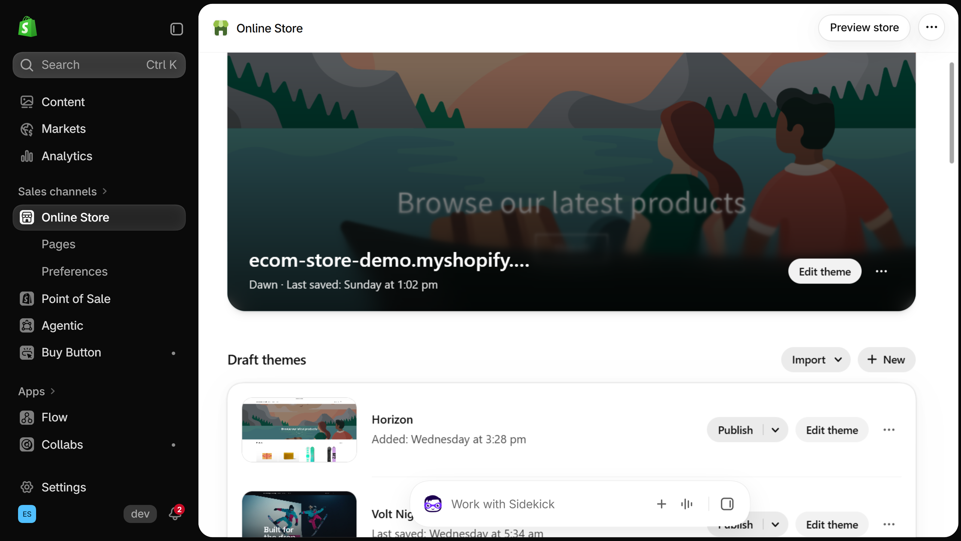 Online Store page with the current theme card, Dawn, and its Edit theme button