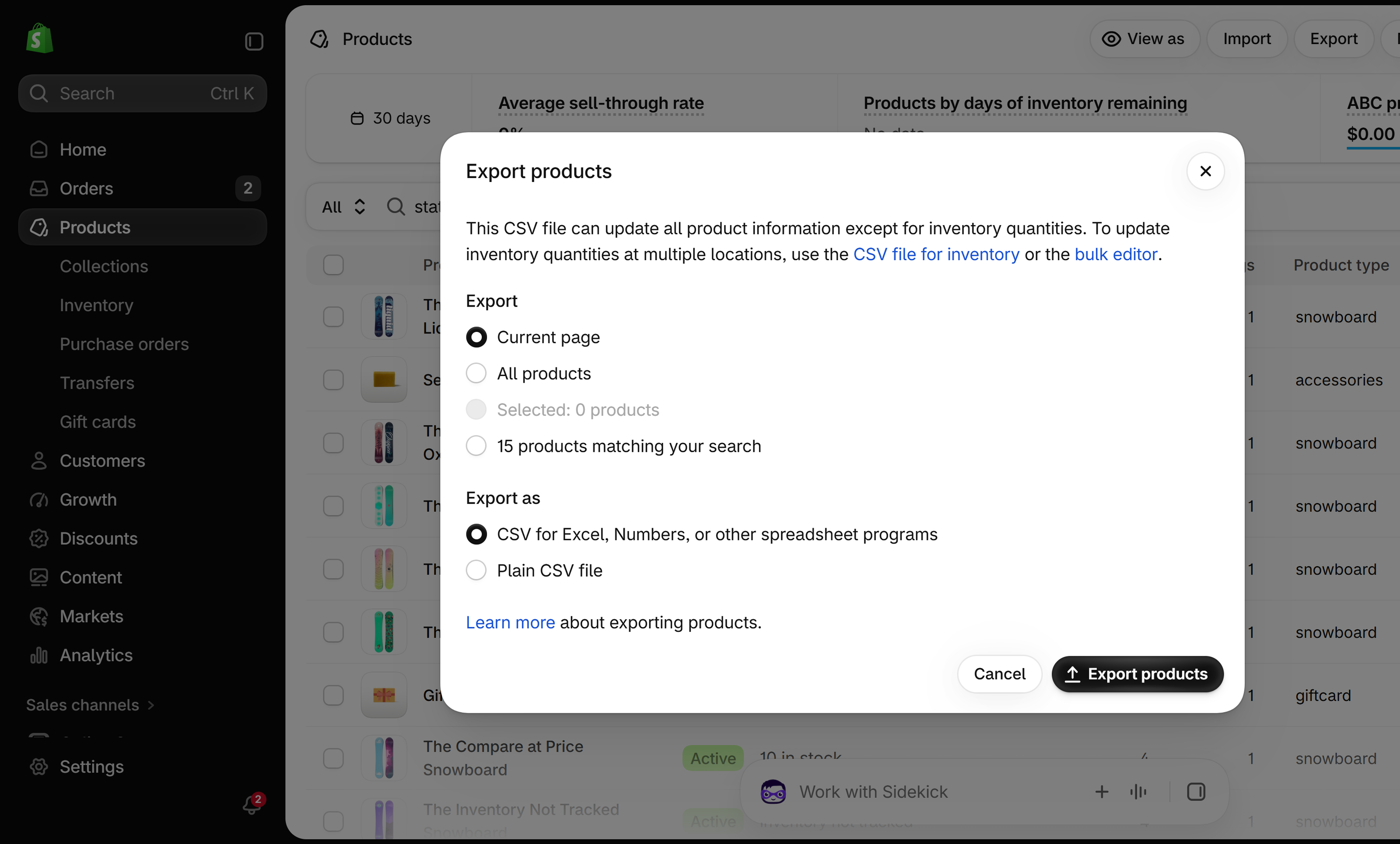 Export products dialog on the Shopify Products page with the options Current page, All products, Selected and 15 products matching your search