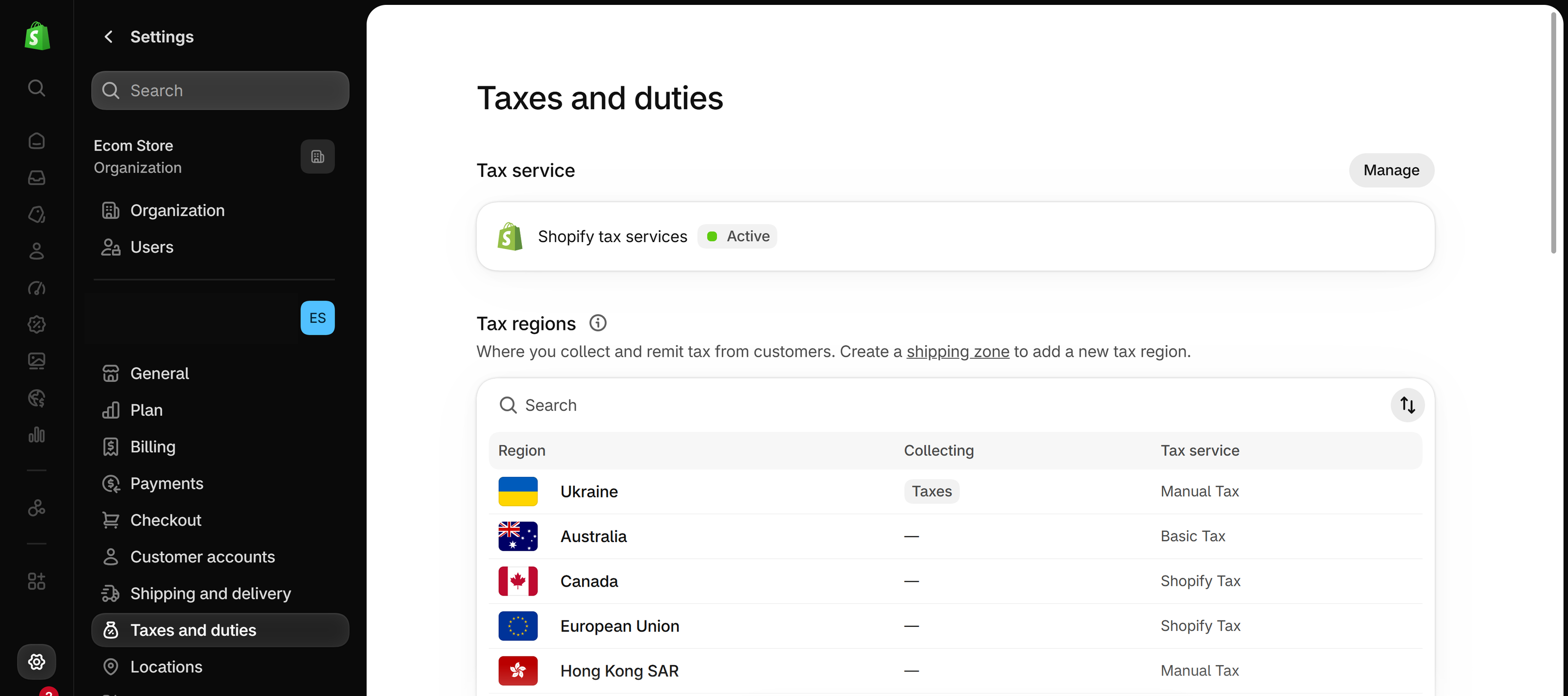 Shopify admin Settings, Taxes and duties page: a Tax service card showing Shopify tax services as Active, and a Tax regions table with Region, Collecting and Tax service columns