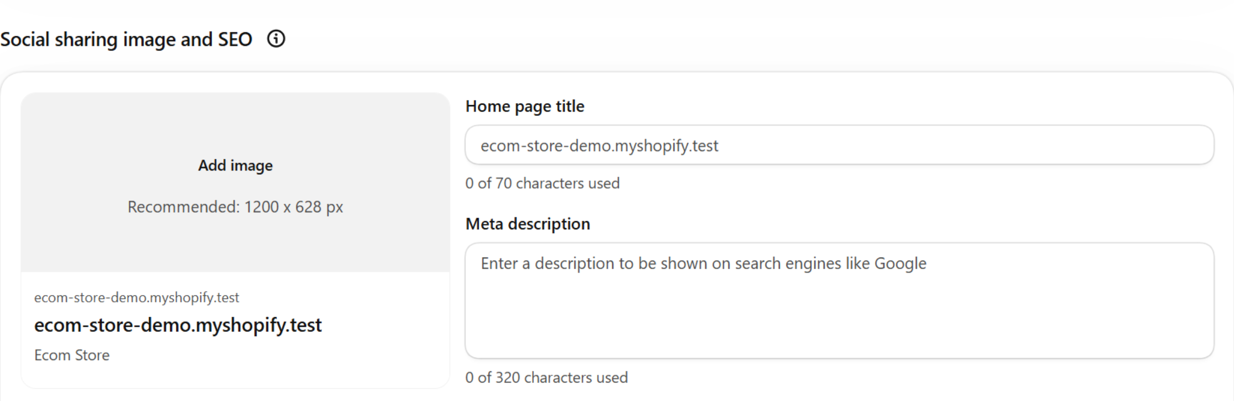 Social sharing image and SEO section of the Preferences page in Shopify admin: an empty Add image box at the top of a preview card, and the Home page title and Meta description fields