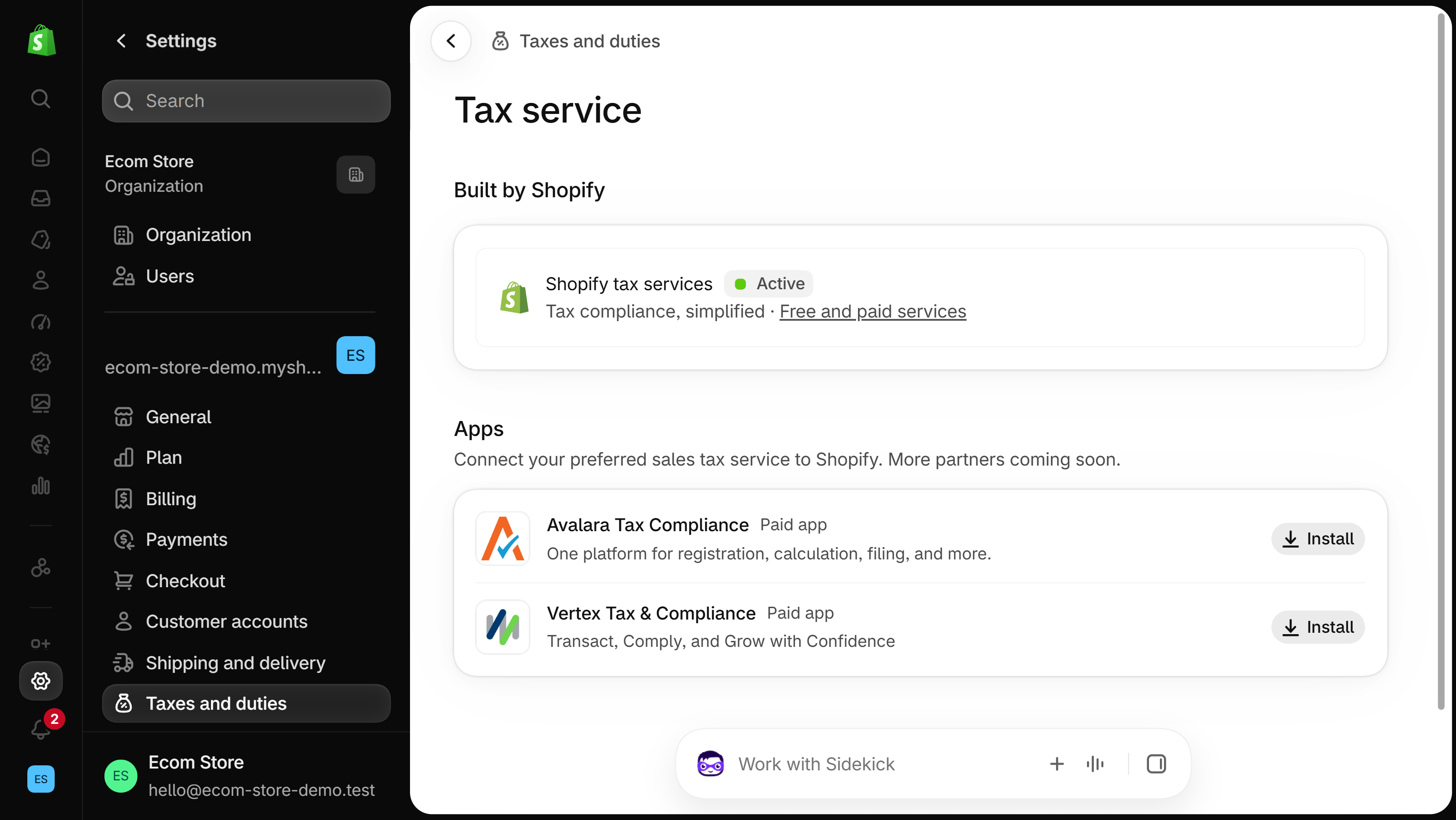 Shopify admin Tax service page with Shopify tax services active under Built by Shopify, and Avalara Tax Compliance and Vertex Tax & Compliance under Apps, each with an Install button