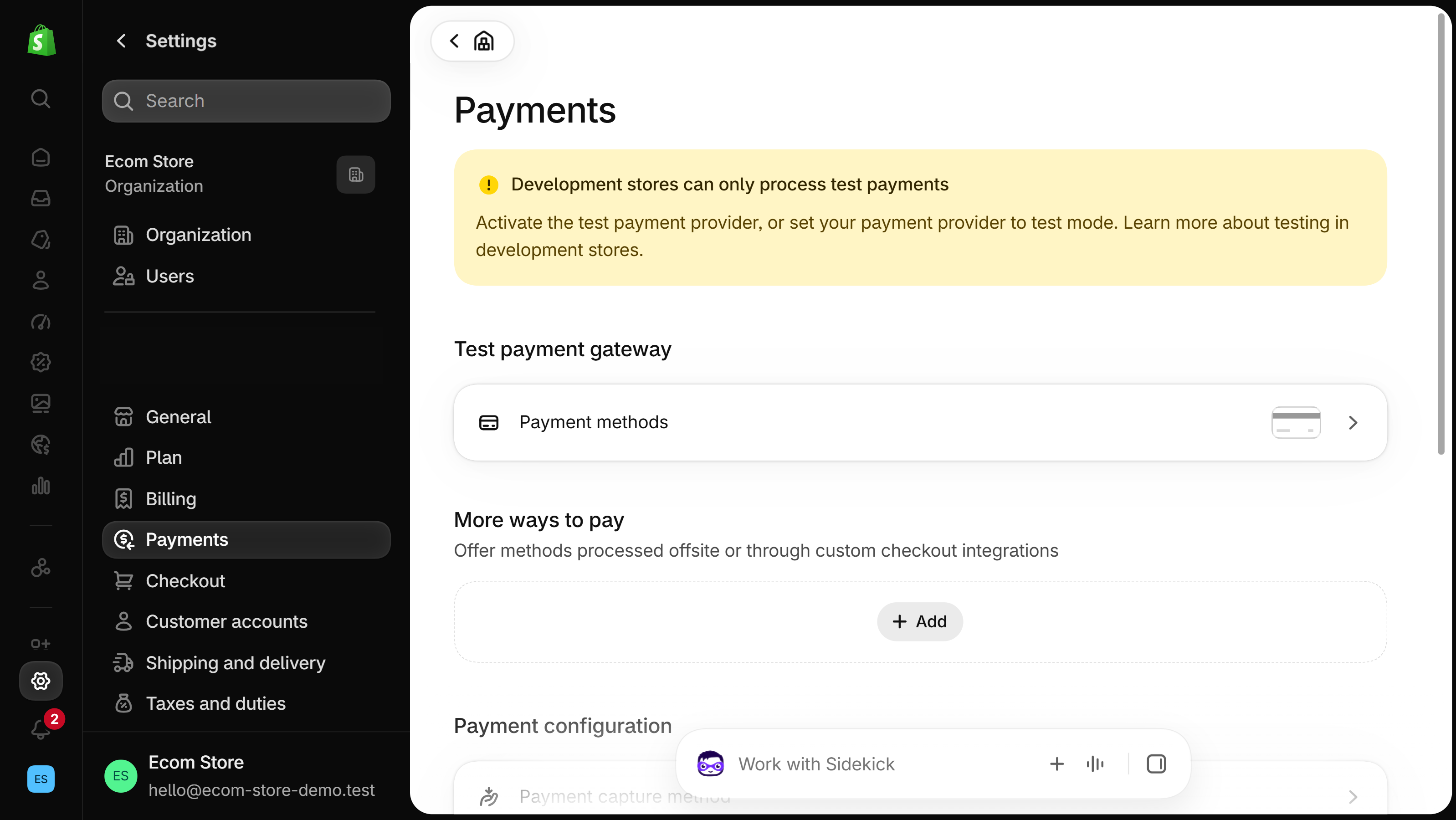 Shopify admin Settings, Payments page: a yellow notice about test payments, a Test payment gateway card with Payment methods, and a More ways to pay section with an Add button.