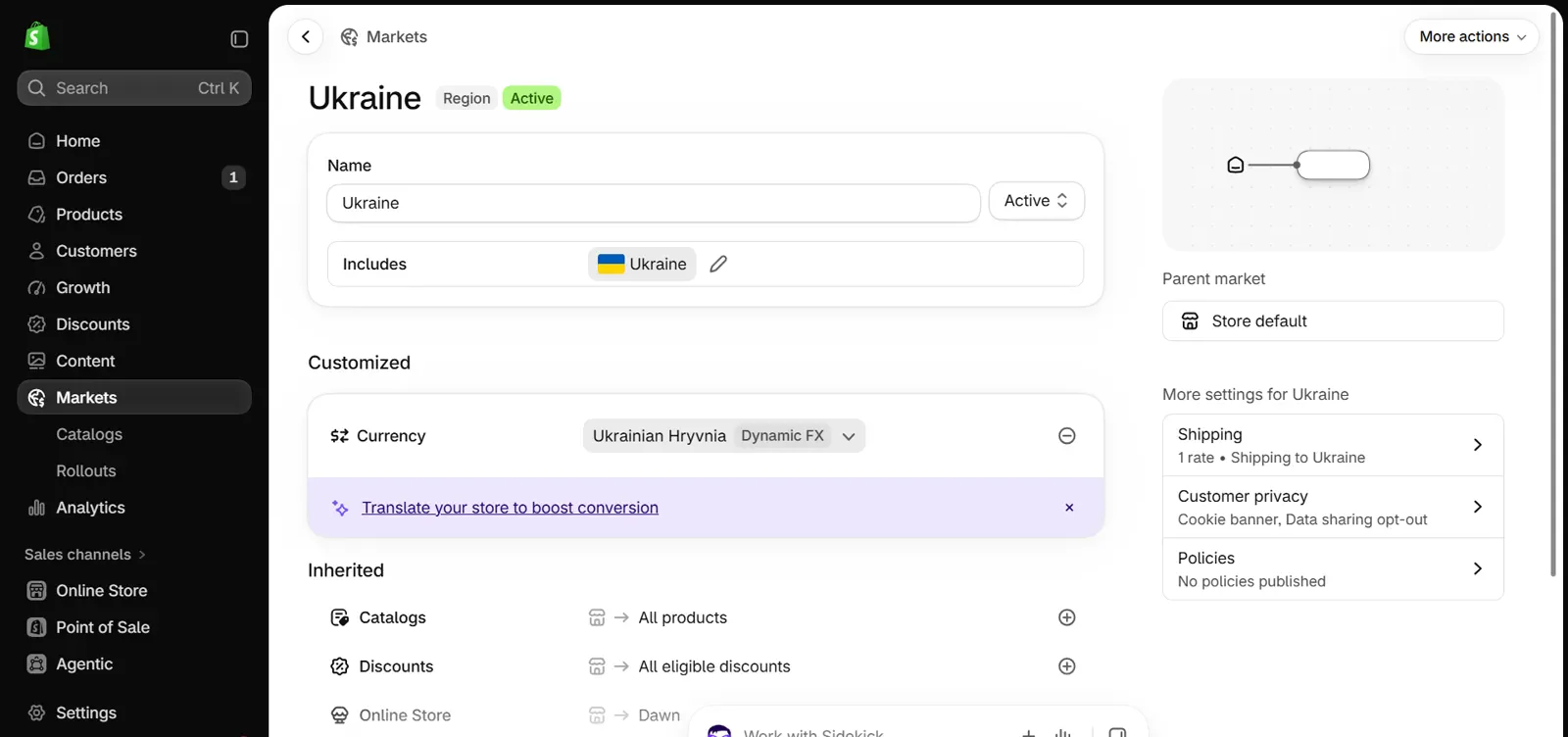 Shopify admin page for one market, marked Active, with a Shipping card under More settings showing the market's shipping rate