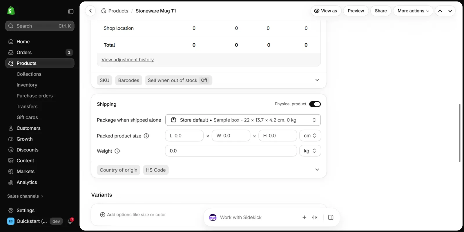 Shipping card of a product in the Shopify admin with the Physical product switch turned on, the package used when shipped alone and the Weight field