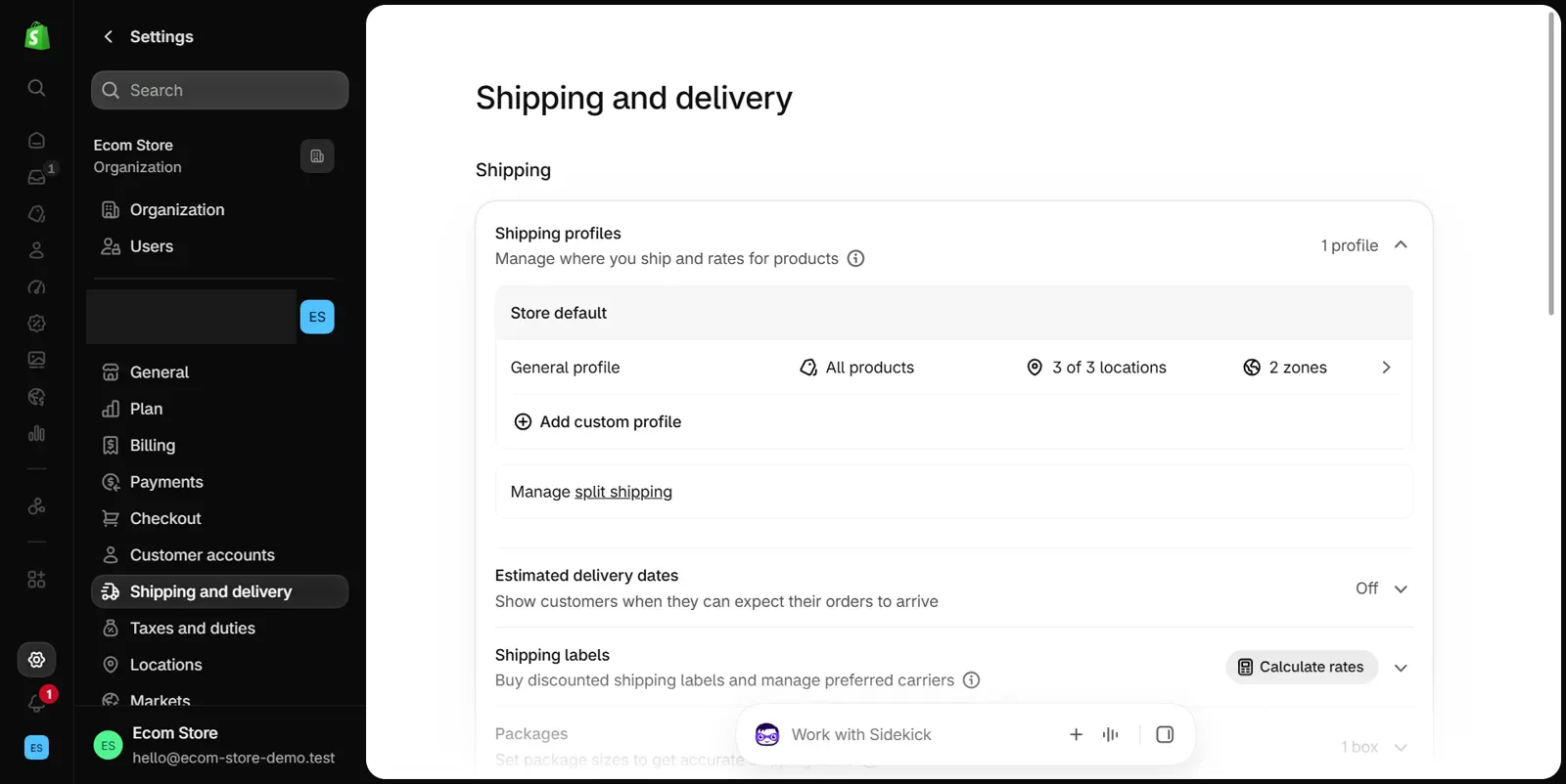 Shopify admin Shipping and delivery settings with the left menu open and a Shipping profiles card listing the general profile for all products with its locations and zones