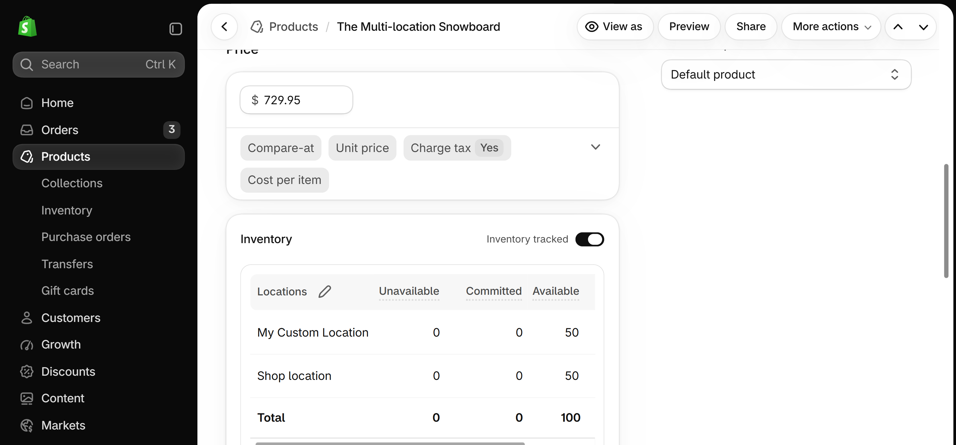The Inventory card of a product in the Shopify admin: an Inventory tracked switch turned on, and a Locations table with a pencil icon listing two locations with Unavailable, Committed and Available quantities