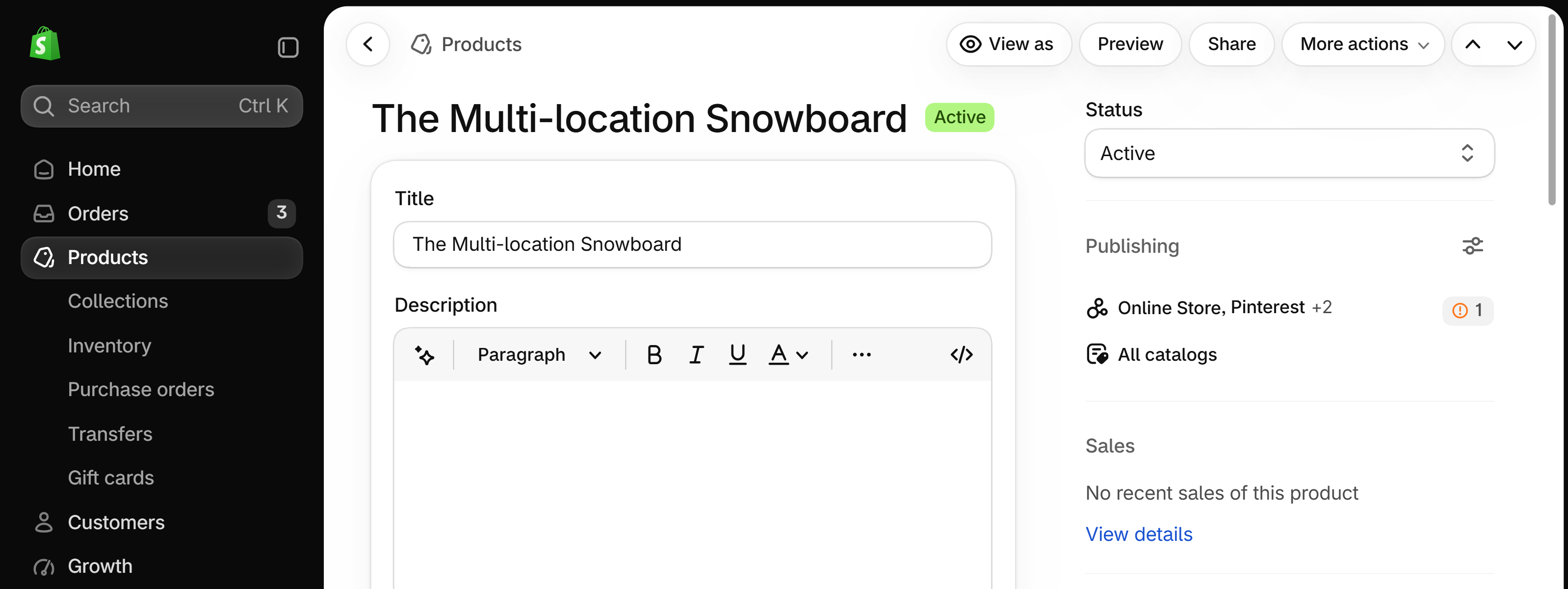 A product page in the Shopify admin with Status set to Active and, under it, a Publishing section listing Online Store, Pinterest +2 and All catalogs