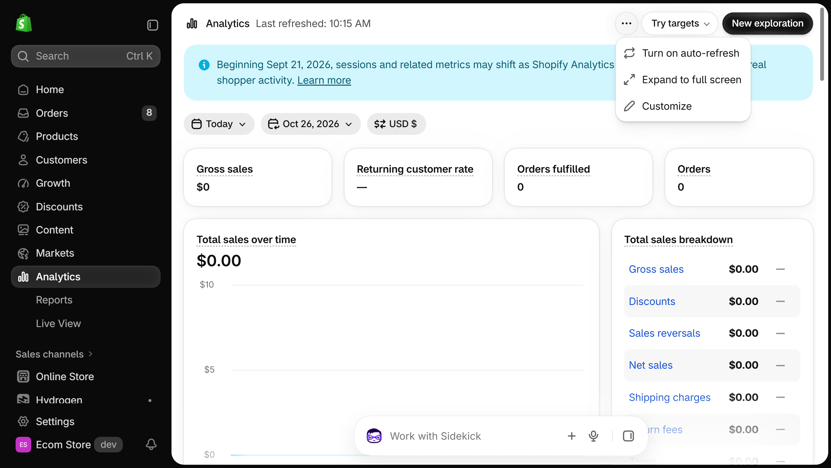 Shopify Analytics overview dashboard with the date range set to Today and the three-dot menu open, listing Turn on auto-refresh, Expand to full screen and Customize.