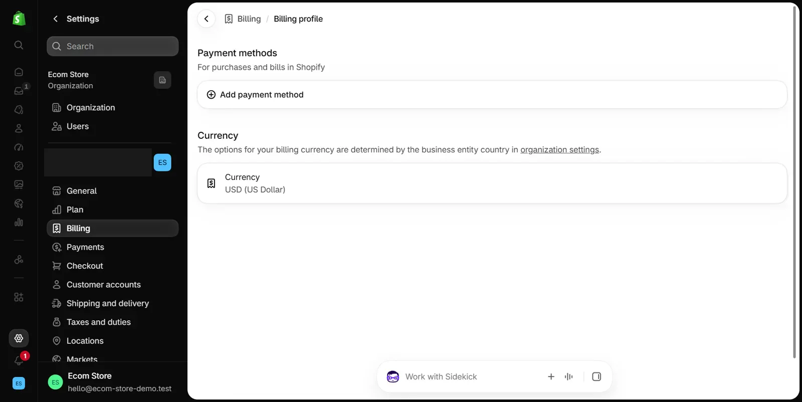 Shopify admin settings with Billing highlighted in the left menu and the Billing profile page showing a Payment methods section with an Add payment method button and the billing currency set to USD (US Dollar)