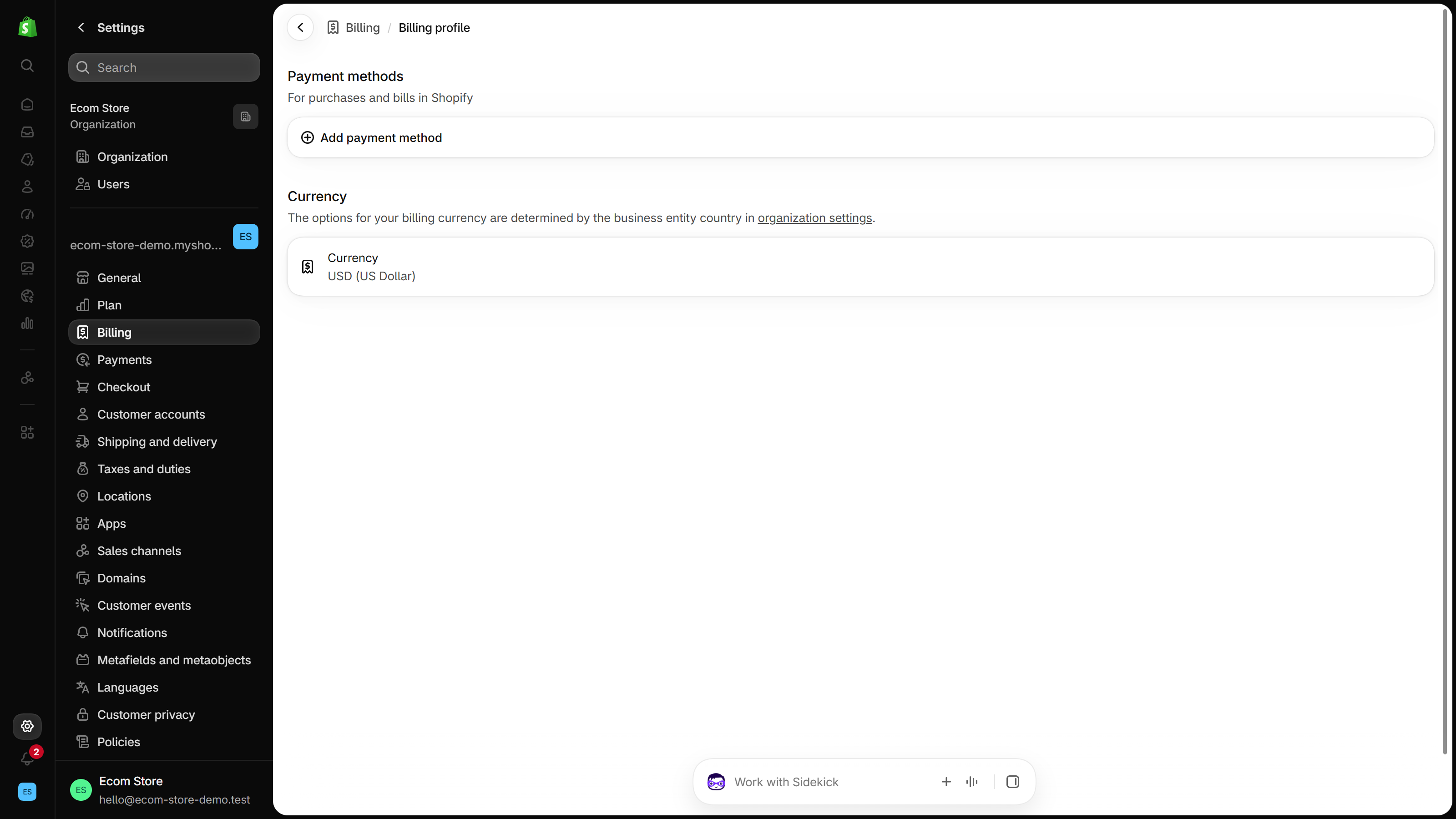 Shopify admin settings with Billing highlighted in the left menu and the Billing profile page showing a Payment methods section, For purchases and bills in Shopify, with an Add payment method button