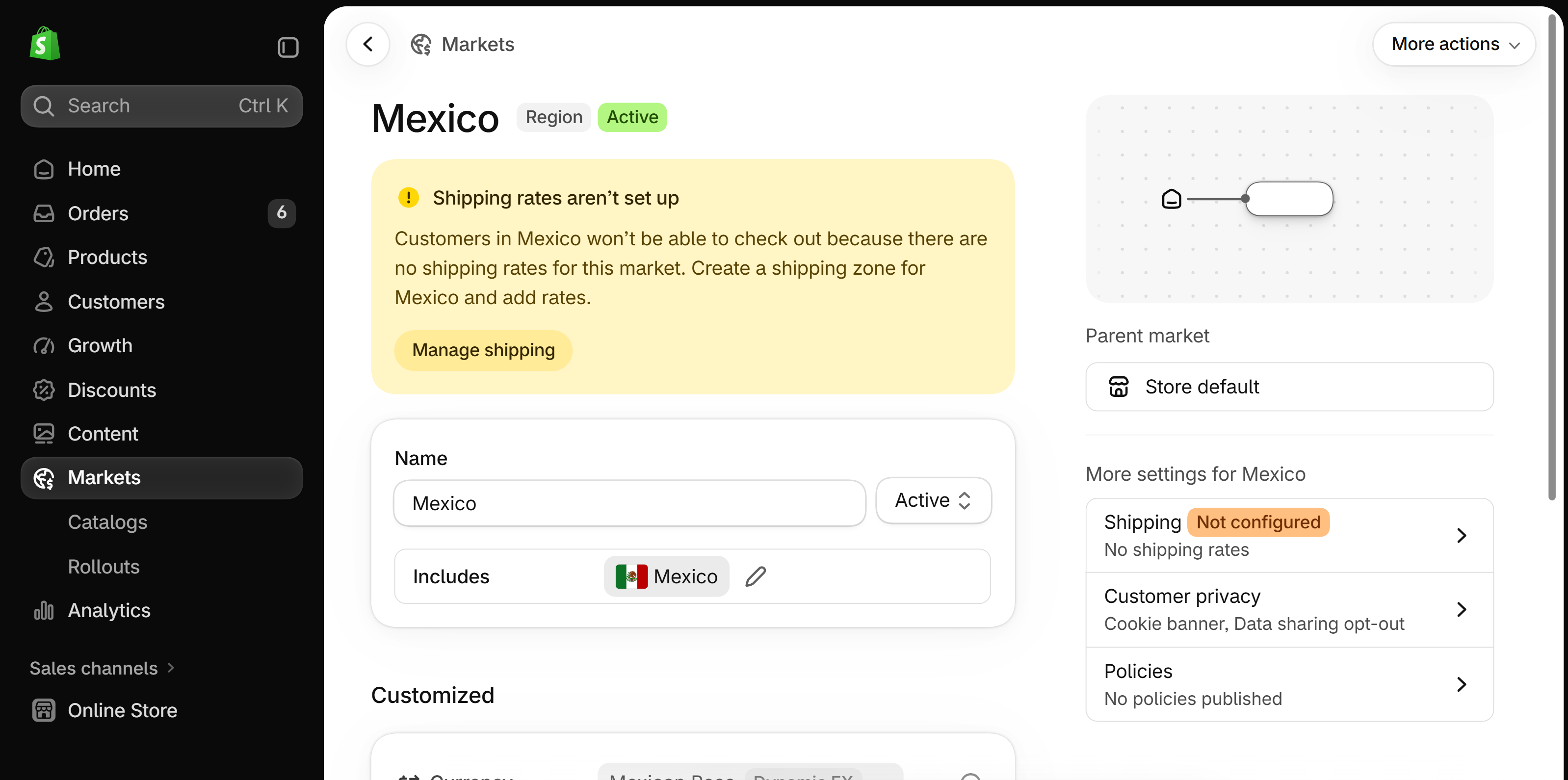 Shopify admin Markets, Mexico market marked Active with a Shipping rates aren't set up banner and Shipping shown as Not configured