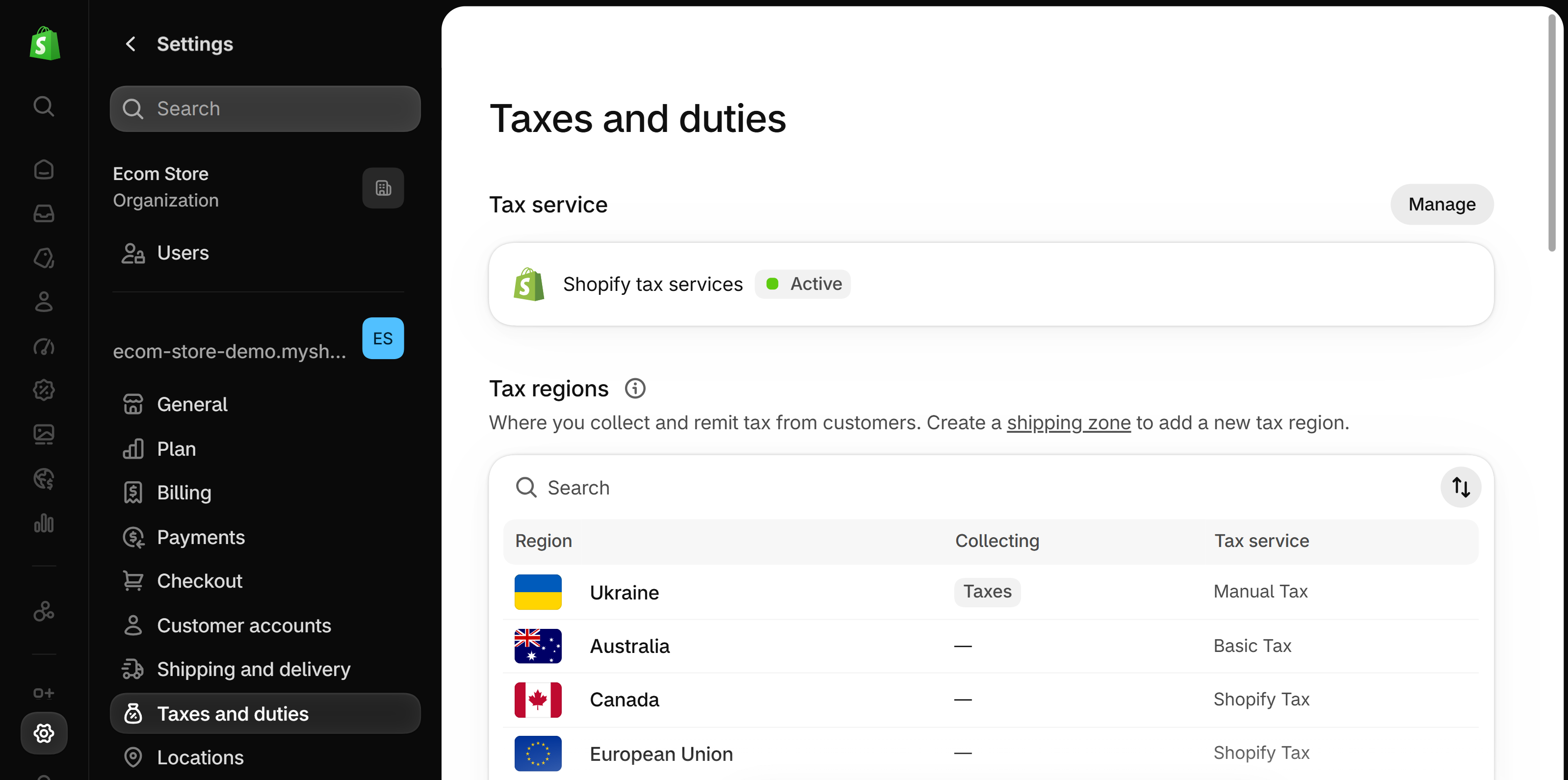 Shopify admin Settings, Taxes and duties: Tax service set to Shopify tax services, and the Tax regions list with Region, Collecting and Tax service columns under the line Create a shipping zone to add a new tax region