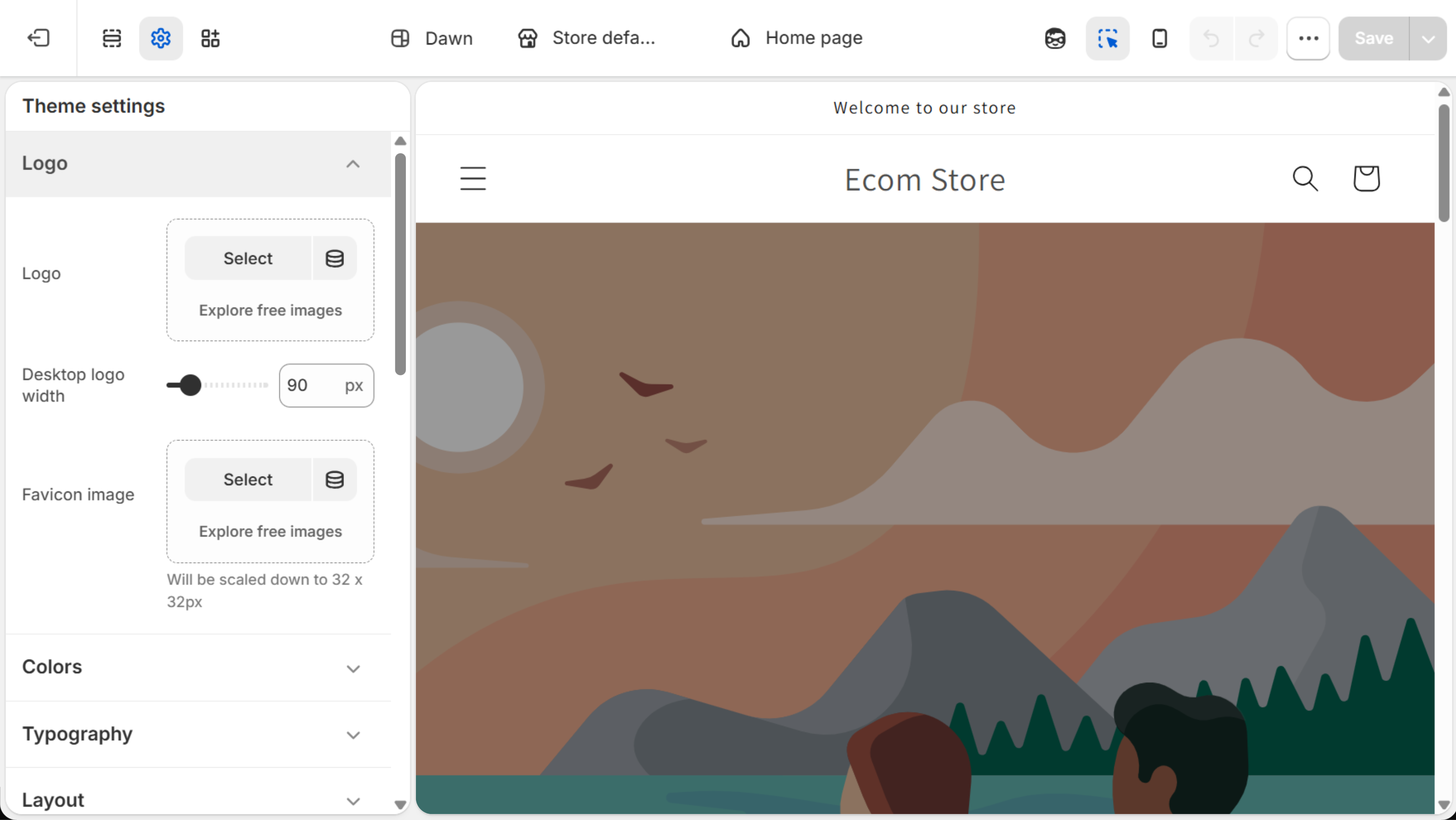 Theme editor with the Theme settings panel open on the Logo group, showing an empty Logo picker, a desktop logo width slider at 90 px and an empty Favicon image picker with the note “Will be scaled down to 32 x 32px”.